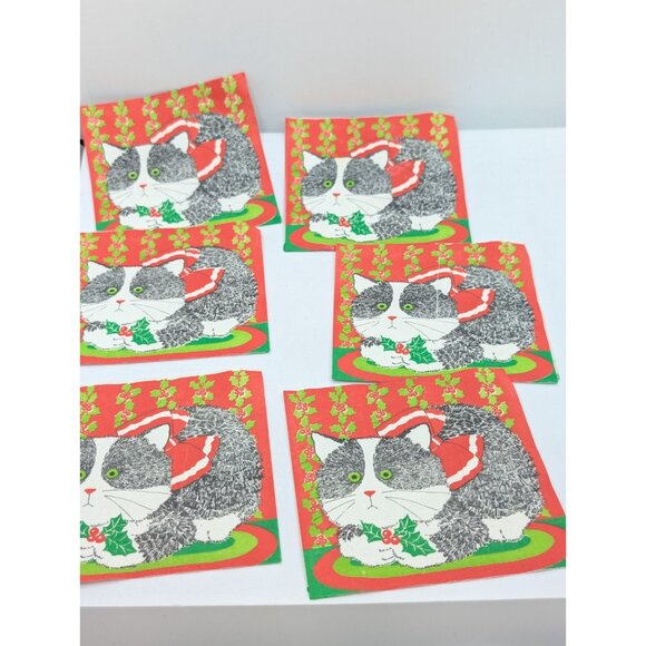 Vth 1981 Cost Plus inc 10 Napkins paper Square Red Cat Holly Christmas READ - Picture 2 of 16
